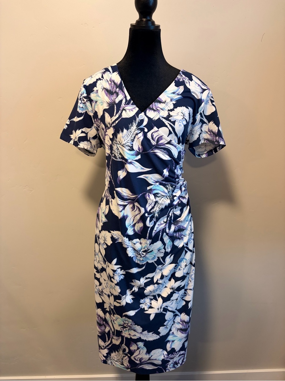 Soft Surroundings Navy Floral Ruched Wrap Midi Dress Medium